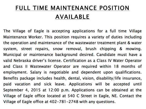 FULL TIME MAINTENANCE POSITION AVAILABLE 9 2015
